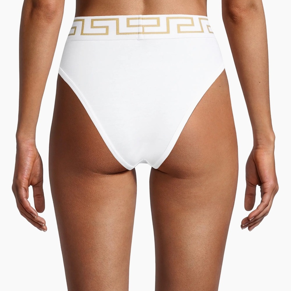 Versace White Cotton High-Leg Brief with Gold Greca Waistband - Picture 4 of 8